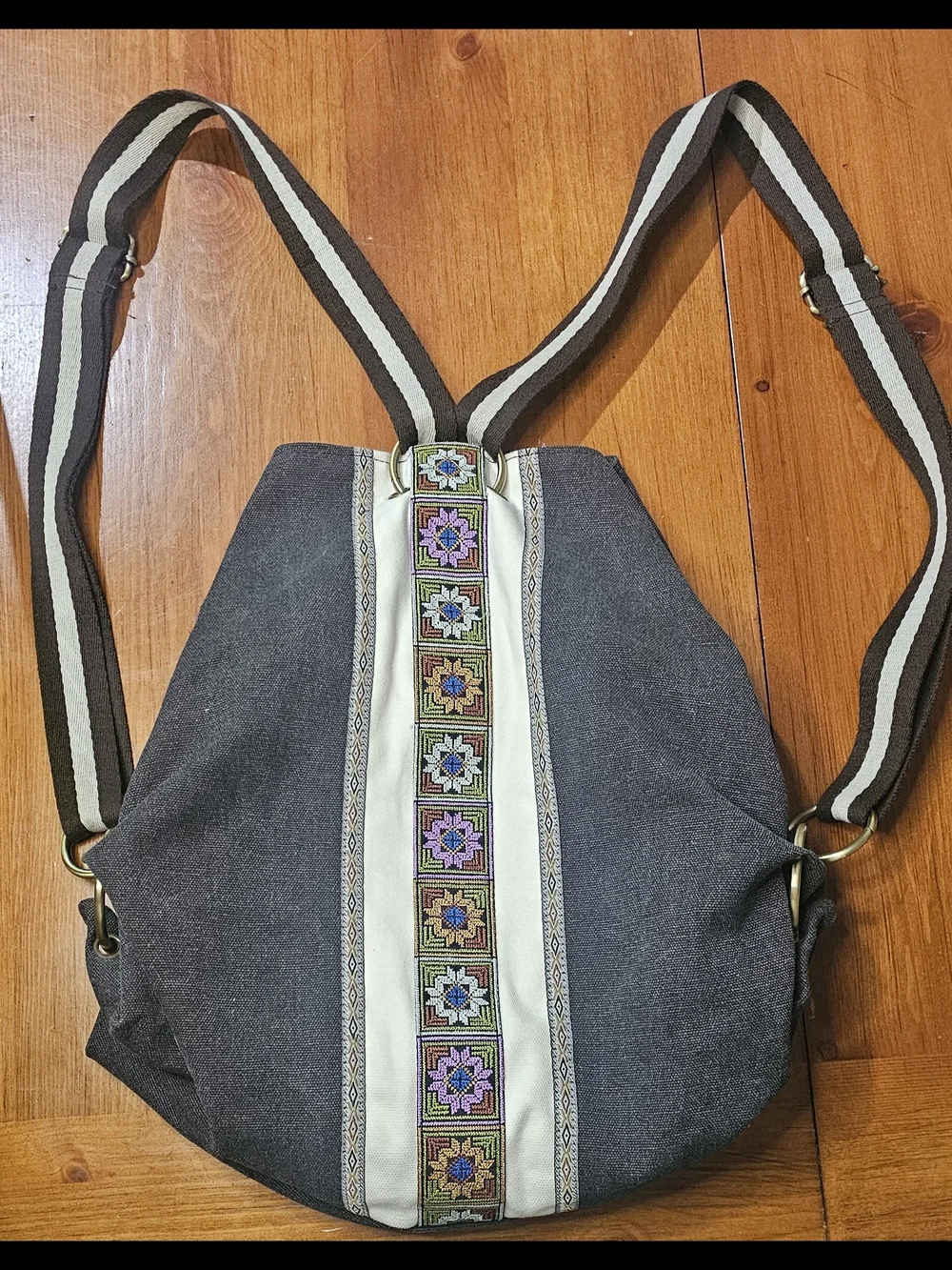 Striped Handle Black Denim Canvas Tote Bag with Embroidered Center Panel